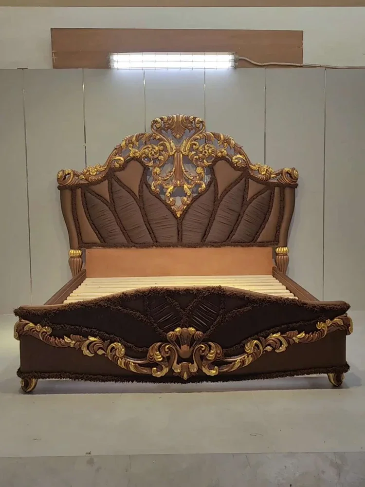 Luxury Fabric Craft Double Bed Palace Wood Carving Marriage Bed