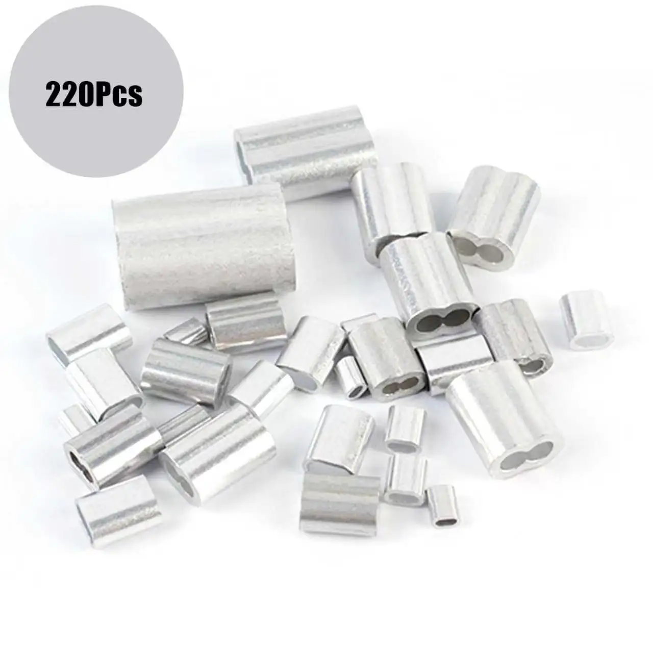 220-Pieces 8 Sizes /Oval/Circular Aluminum Crimping Loop Sleeve Double Barrel Ferrule for Wire Rope and Cable Line End Assortmen
