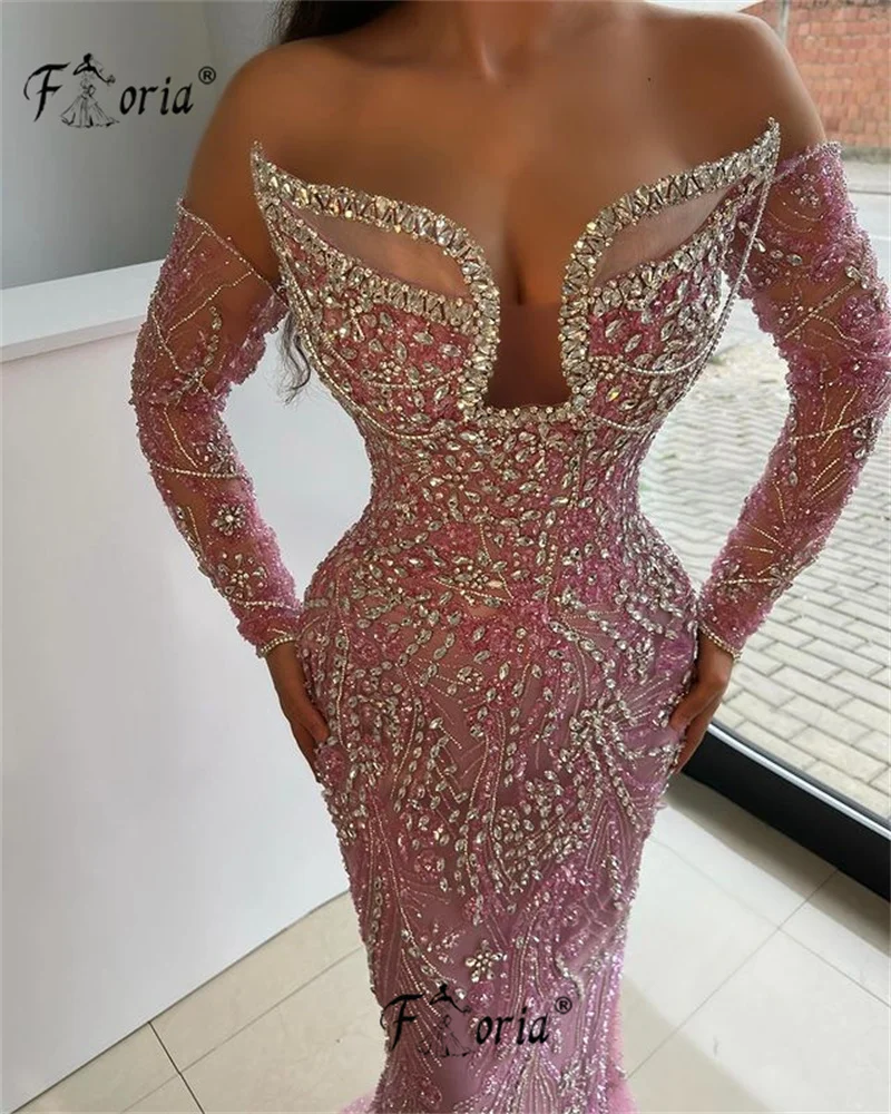 Vestido de fiesta de sirena con cuentas de cristal de lujo, vestido de gala para mujer, vestidos de graduación rosas con cuentas de manga larga personalizados para mujer 2025