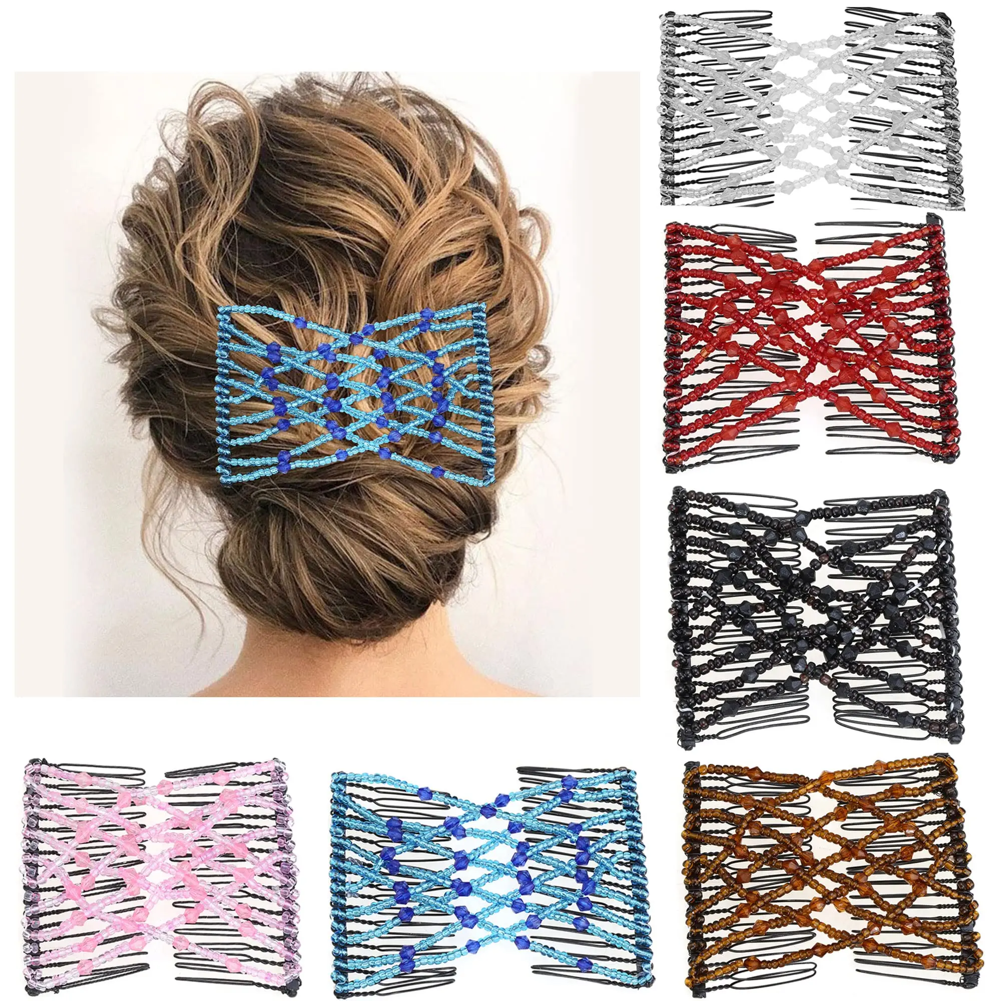 1Pcs Magic Hair Comb Elastic Beaded Hair Clips Women Stretchy Bride Double Slides Hairpins Combs DIY Hair Styling Accessories