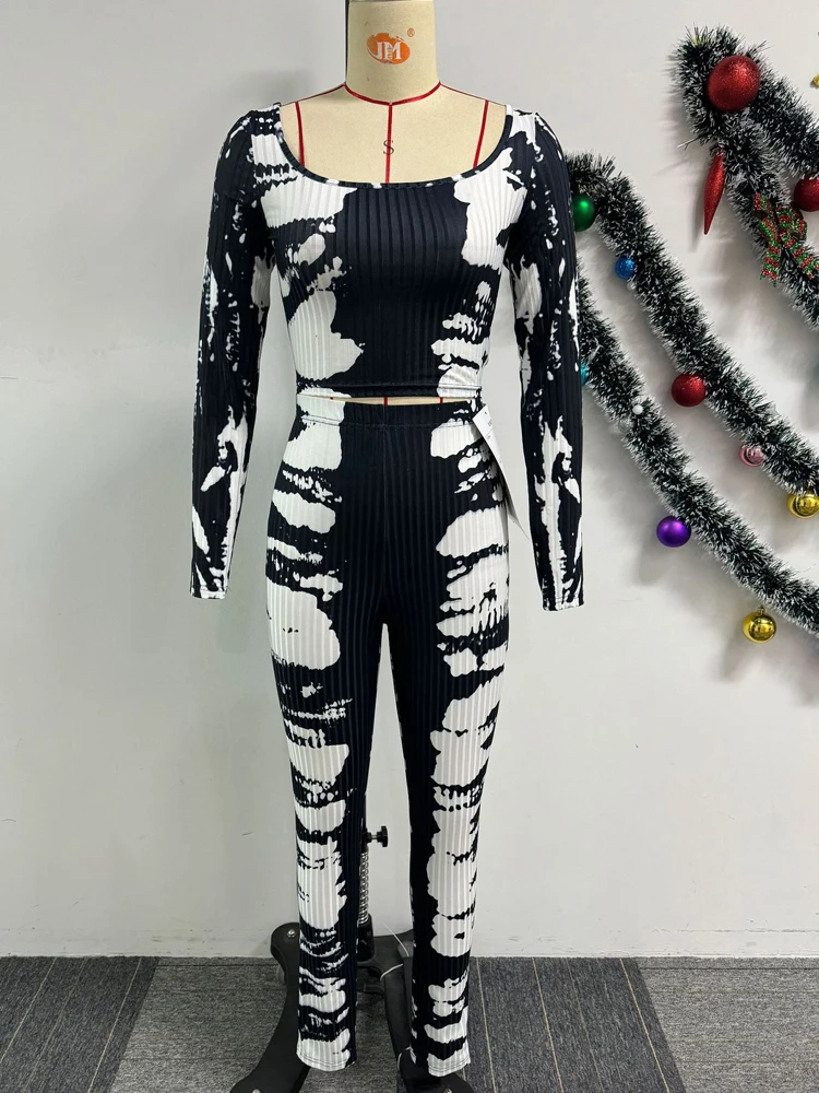 Kricesseen Women Casual Simplicity Mixed Printing Contrast Ribbed Tracksuit Set Womens Clothing Two Piece Set Night Club Outfits