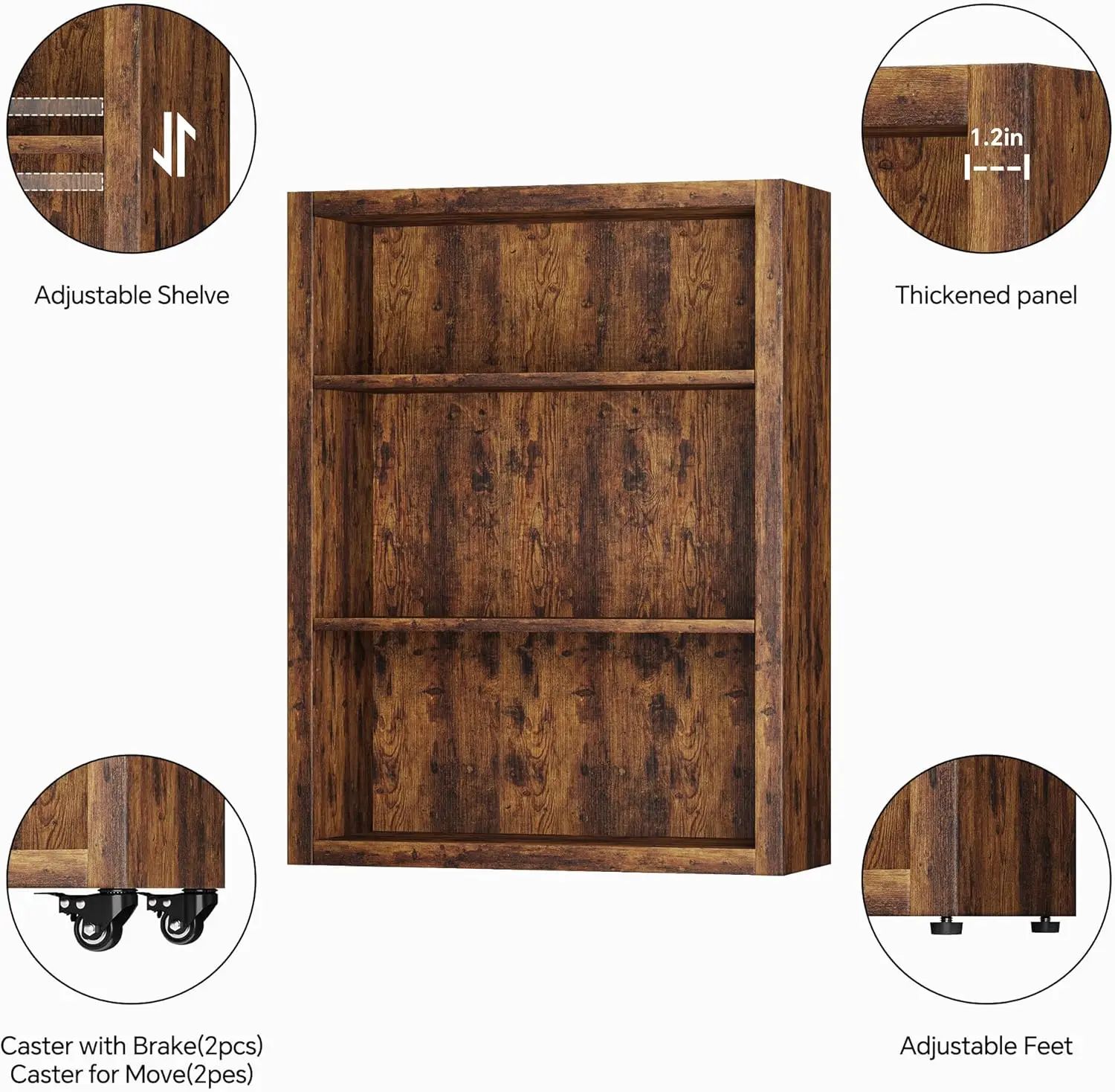 3-Tier Bookshelf with Wheels Book Storage Organizer Bookcase Floor Standing Fixed Shelves Adjustable Shelf Display Shelves