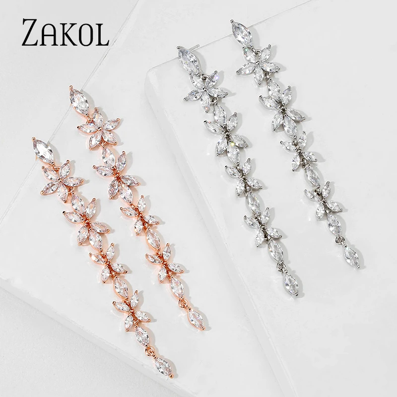 ZAKOL Fashion Cubic Zirconia Flower Long Dangle Earrings for Women Shining Rose Gold Color Bridal Wedding Engagement Jewelry