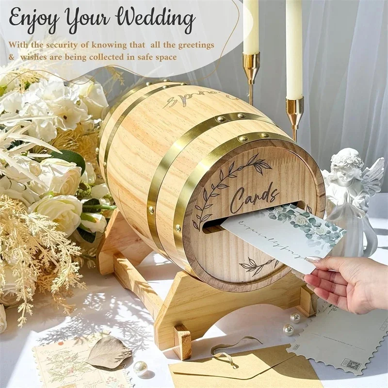 Rustic Wooden Whiskey Barrel Card Box Laser Engraved Wedding Card Holder For Wedding Reception Bridal Shower Engagement Party