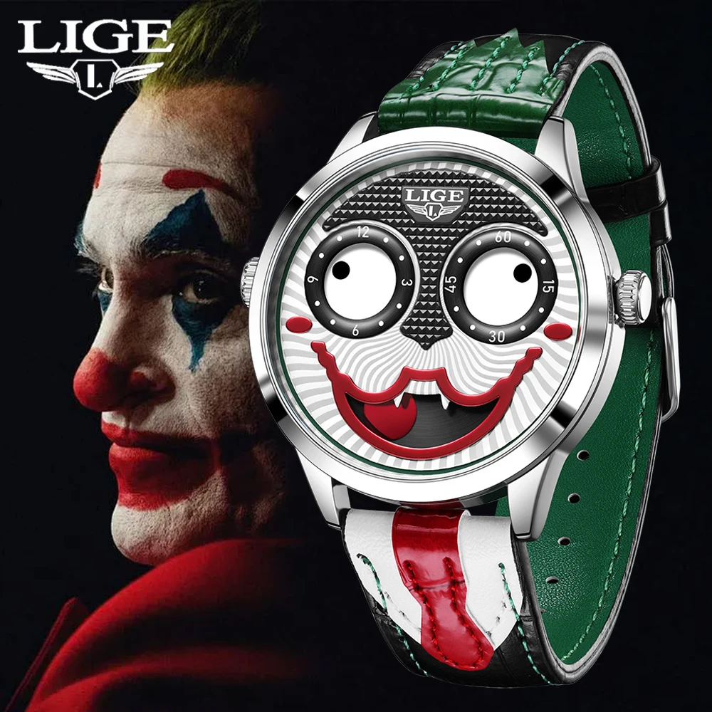LIGE Cool Joker Watch Men Classic Men's Clown Watches Fashion Leather Strap Waterproof Quartz Wristwatches For Men Reloj Hombre