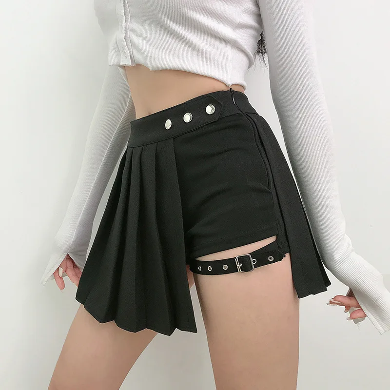 

Pleated Girls Gothic Half Skirts Summer Harajuku Punk Style Plaid Irregular Skirts Women Asymmetrical High Waist Black Skirts