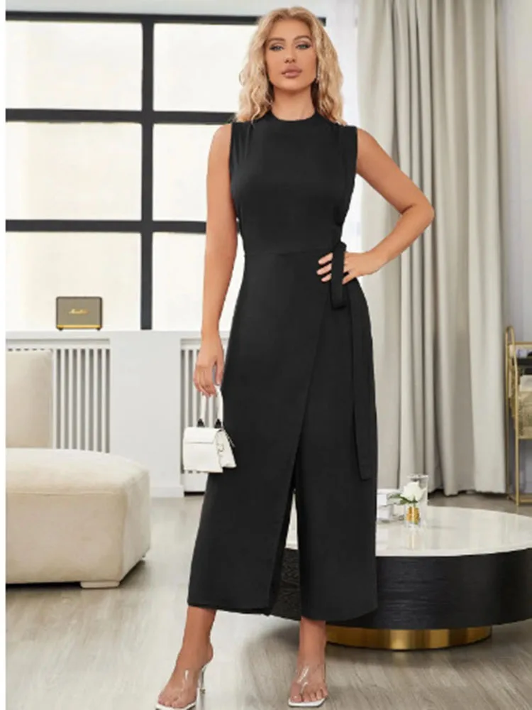 

Women's Wide Leg Wrap Waist Belted Jumpsuit Summer Fashion Black O-neck Sleeveless Fall Outfits Female Romper Jumpsuit Clothing