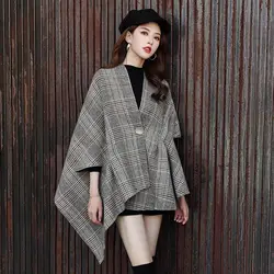 Checkered Woolen Coat Women's Autumn and Winter New Item Retro British Small Korean Version Loose Cloak Shawl Woolen Coat