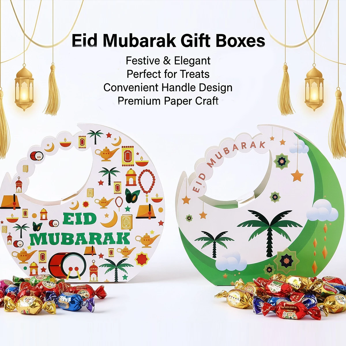 6 Eid Mondförmige Geschenkboxen, Luxuriöse Islamische Geschenkboxen, Geeignet für Desserts, Pralinen, Datteln und Kleine Geschenke, In Mondform Designt, Erhältlich in Grün und Weiß, Perfekt für