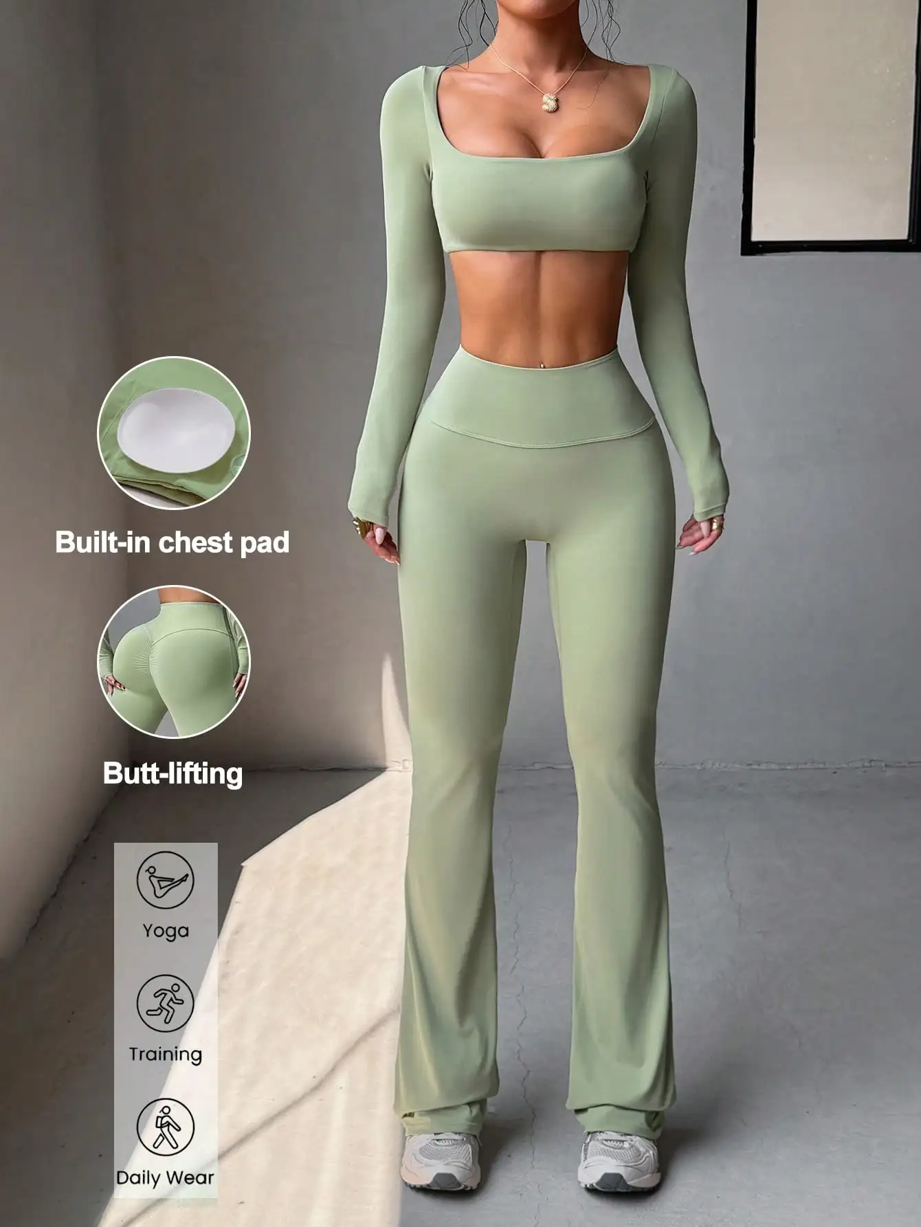 

Women Summer Solid 2Pcs Set, Square Neck Padded Long Sleeve Crop Top & High Waist Slim Yoga Pants, Casual Sports Daily Wear