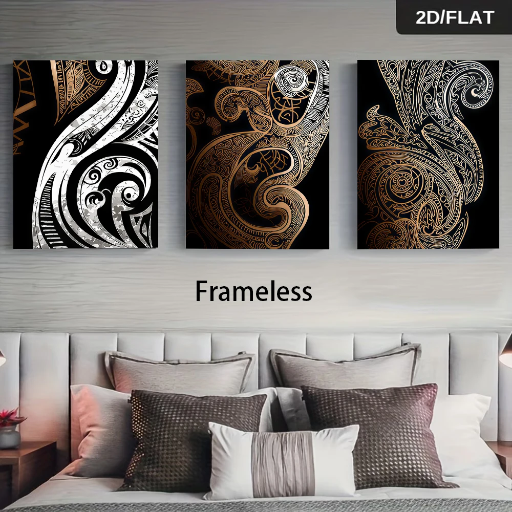 3PCS Frameless,One set of modern style frameless three-panel decorative paintings, black, white and gold abstract art, 2D flat.