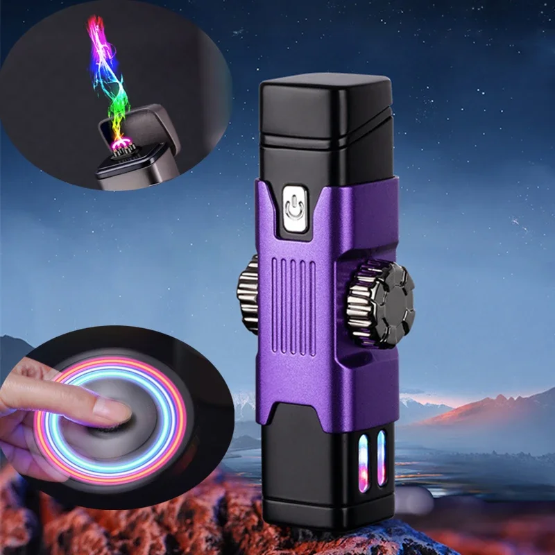 New Rotary Gyro USB Lighter Metal Windproof Double Arc Charging Pulse Plasma LED Colored Light Lighter Creative Men\'s Gift