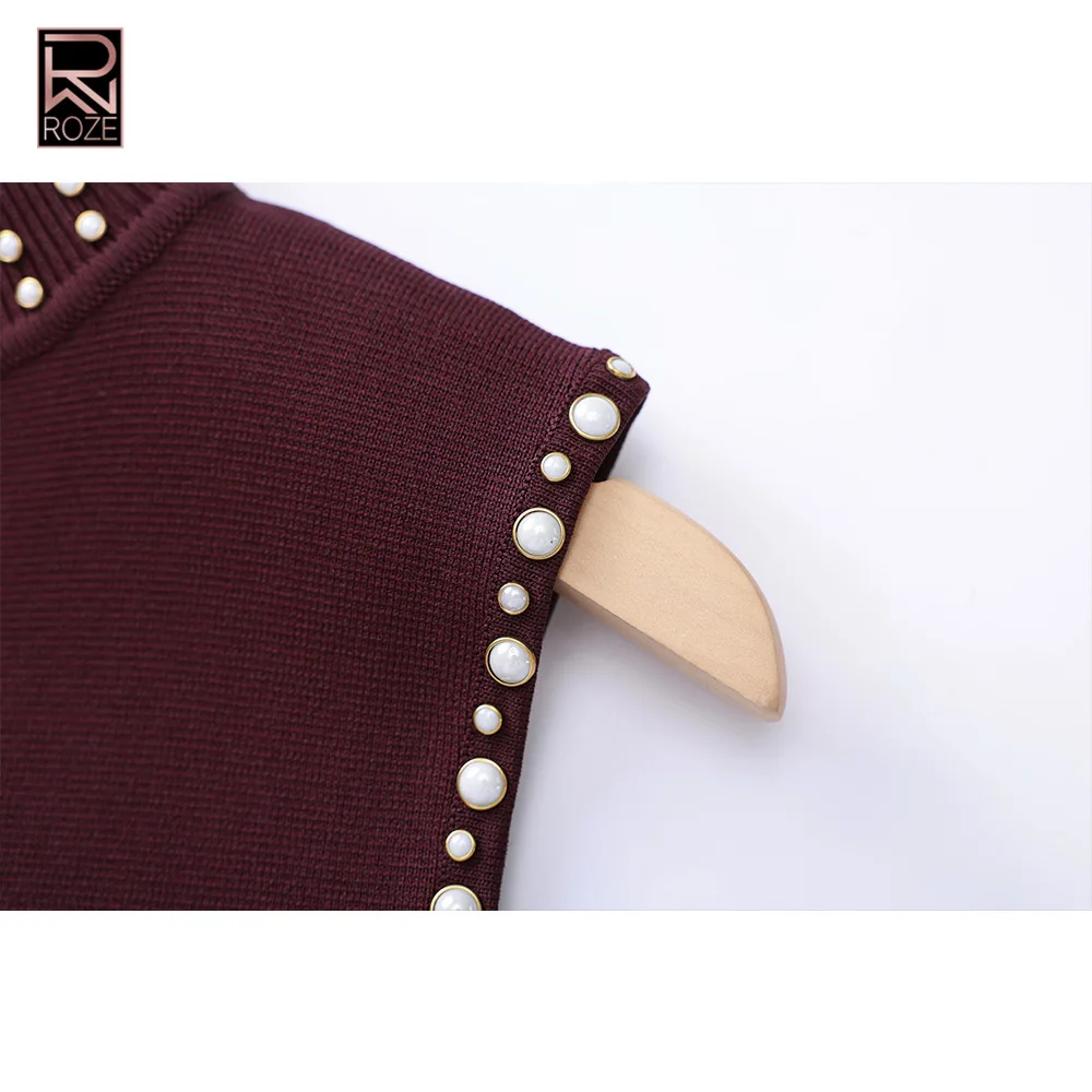 ROZE 여성용 민소매 터틀넥 바디콘 드레스 - 버건디/블랙 비즈 트림 프린지 밑단 파티 가운, 우아한 정장 이브닝 클럽