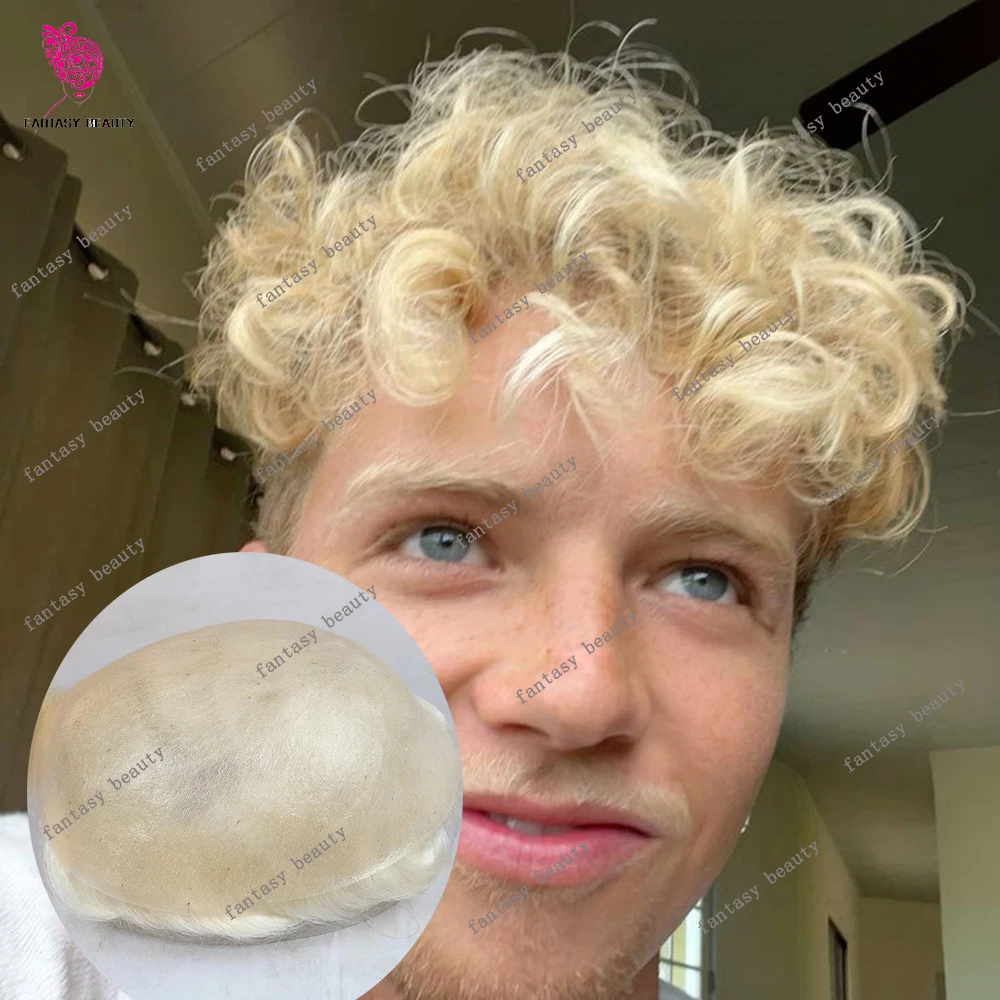 Durable Thin Skin 26mm Curly Natural Human Hair Men's Toupee #18 22R Ash Brown 0.06mm Pu Capillary Prosthesis Replacement System