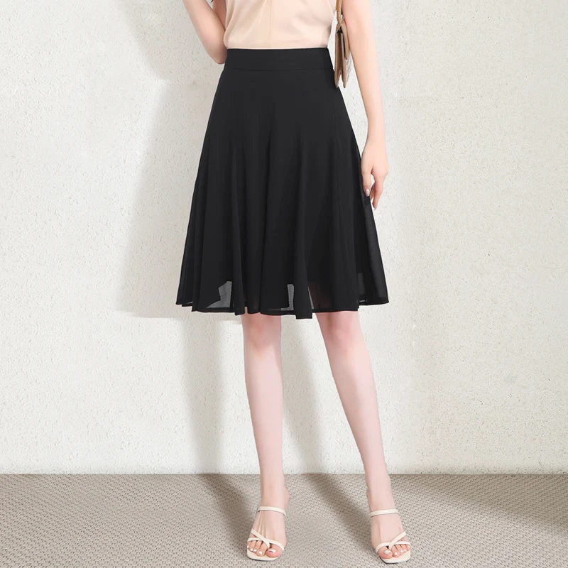 ZUZK  Chiffon A-line Skirt New Summer Cool Soft High Waist Elegant Lady Skirt Expansion Droop Knee-Length Skirt Jupe Women