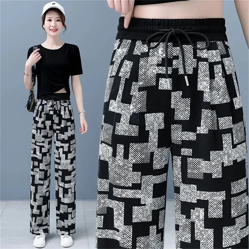Withdrawn ice Silk Wide Leg Pants For Women in Summer Thin Fit Loose Fit Slimming High Waist Casual Straight leg Sports Pants