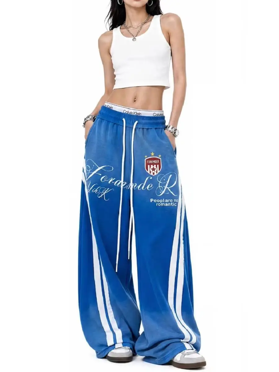 CHIC Streetwear Baggy Pants for Women American Retro Letter Gradient Stripes Straight Pants Casual Sport LooseWide Leg Trousers