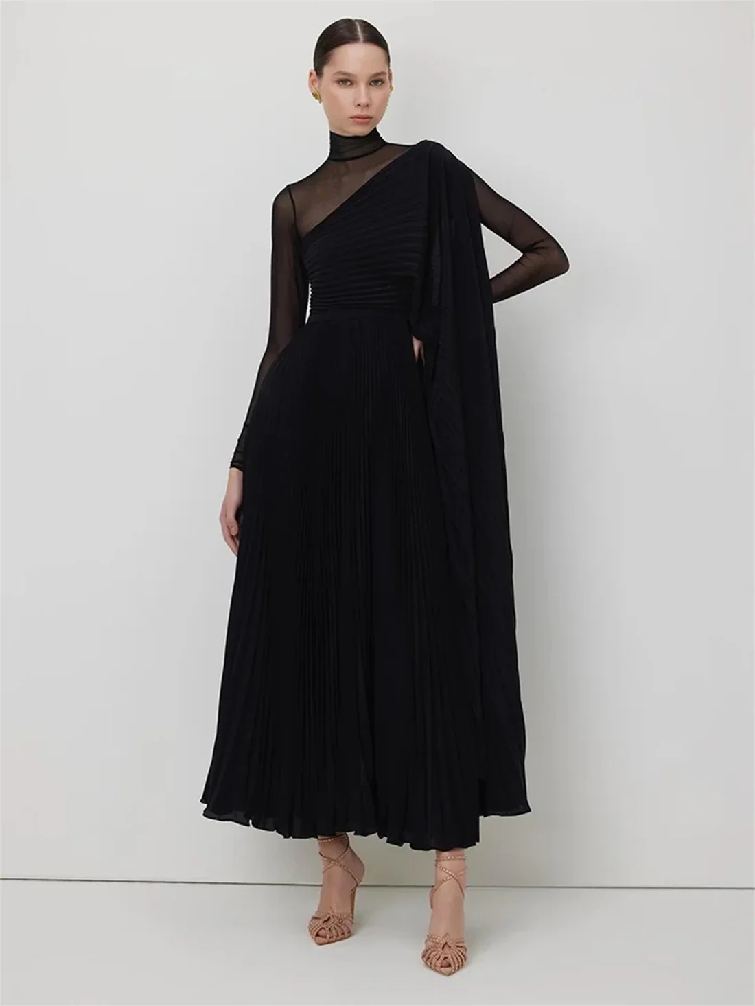 

High Neck Black Prom Dresses Tulle Full Sleeve Pleated Party Evening Gowns A Line Chiffon Ankle Length Cocktail Dress