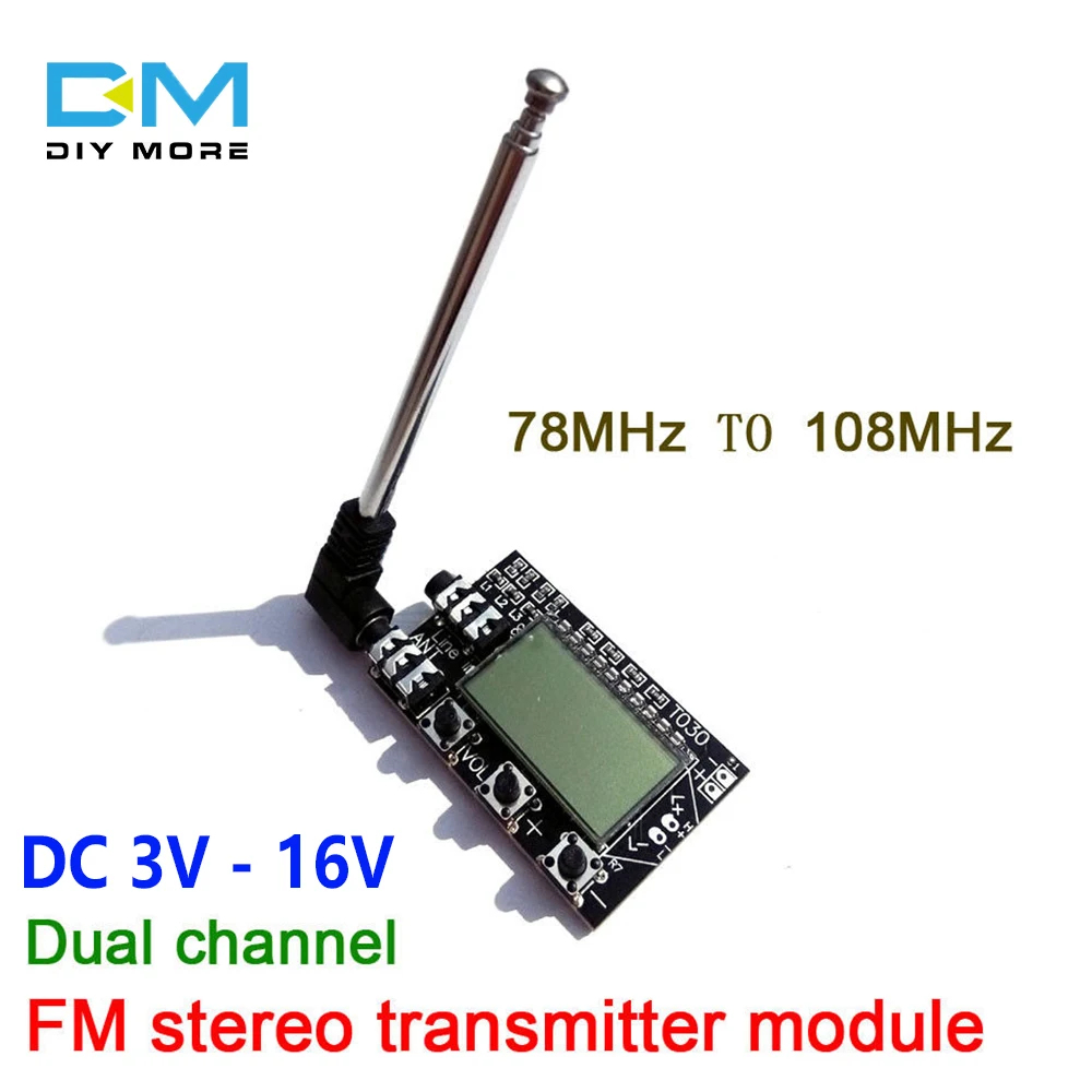 Placa de transmisión de audio ESTÉREO FM, módulo con antena, LCD Digital, 2 canales, inalámbrico, 78MHz a 108MHz