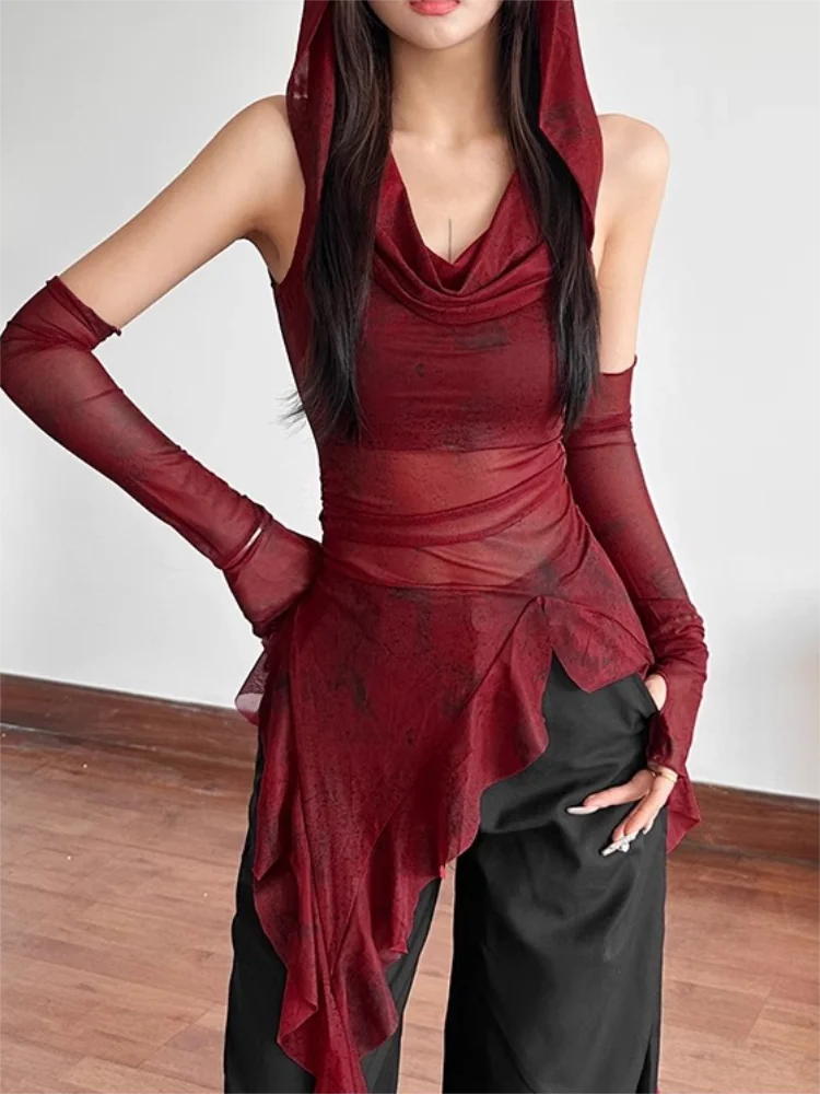 Rode mesh doorzichtige top streetwear T-shirt met capuchon onregelmatige ruches morsmouw tops voor dames sexy Y2k-kleding