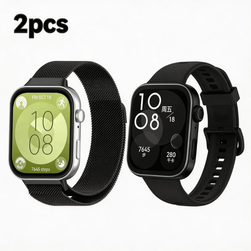 2 Stück Milanese Loop Metallarmband + Sport-Silikonband für Huawei Watch Fit2/3/4/4 Pro/5/5Pro, modisches Ersatzarmband für Herren und Damen