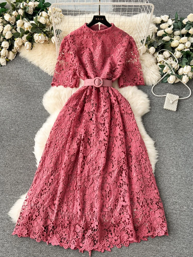 

Women Fashion Vintage Elegant Hollow Lace Vacation Dress Spring Round Neck Short Sleeve High Waist Slim A-line Robe vestidos