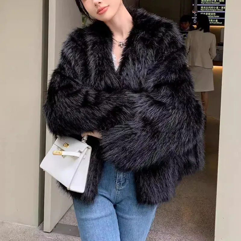 

2025 New Winter Products Fashion Solid Color Fox Fur Coat Women's V Neck Long Sleeve Open Stitch Coats