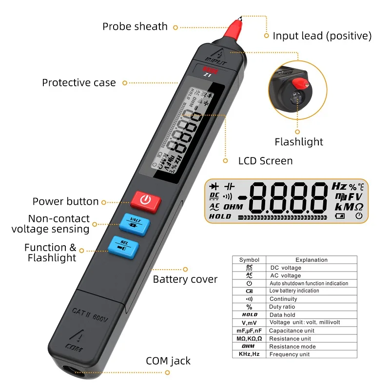 BSIDE Z1 Mini Digital Multimeter Smart Pen-Type LCD 2000 Counts Voltmeter Resistance Tester Flashlight for Electronic Repair