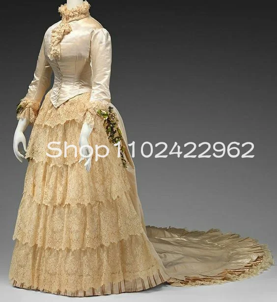 Champagne History Fashion Wedding Dresses with Long Sleeve Ruched Skirt Antique Bustle Victorian Costume Movie Bridal Gown