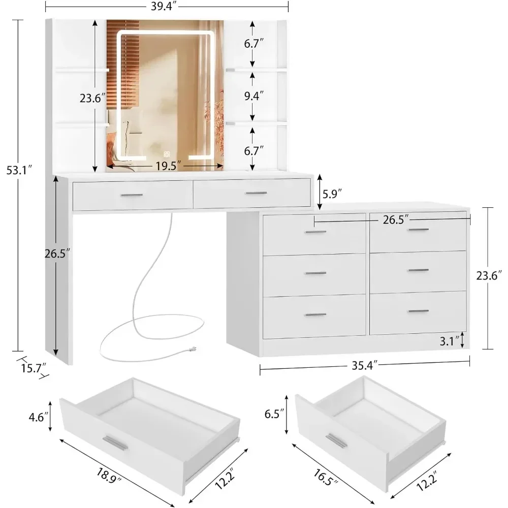 Scrivania da trucco da 65.9 ''con specchio illuminato a LED e presa di corrente, tavolo da trucco moderno ad angolo con 8 cassetti e ripiani aperti