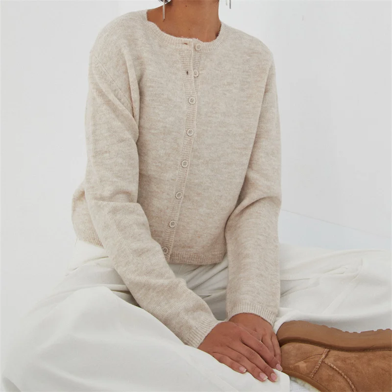 Vintage Y2k Crochet Knit Cardigans Women Slim Crew Neck Long Sleeve Single Breasted Sweaters 2024 Autumn Lady Versatile Sweater