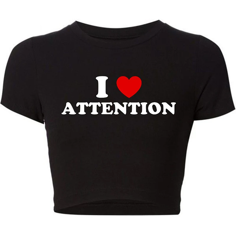 

I Heart Attention Women Crop Top Harajuku O Neck 2000s Grunge Gothic Clothes Causal Y2k Summer Fashion Baby Tee T Shirts Femme