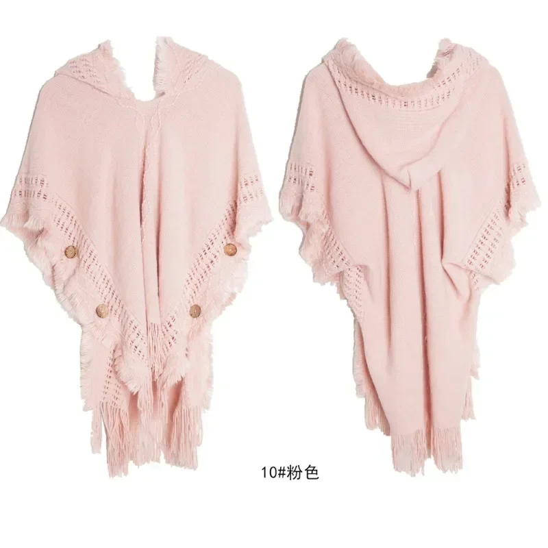 Spring and Autumn Women Button Shawl Bohemian Tassel Sweater Knit Sweater Pullover Hooded Cape