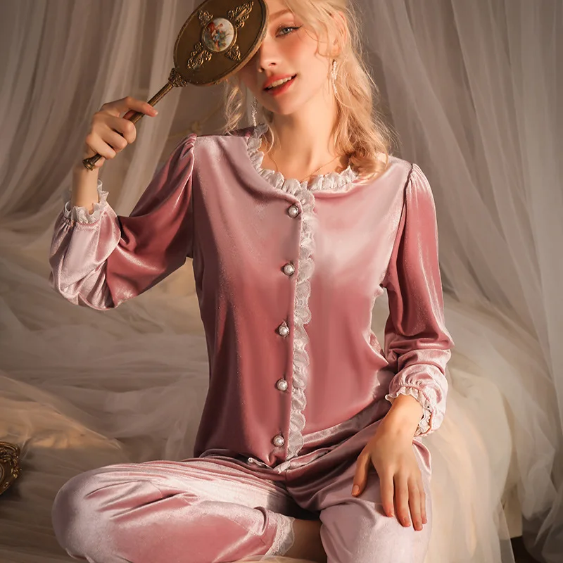 Ensemble de pyjama en dentelle française pour femmes, vêtements de nuit en velours trempé, surintendant ser, vêtements de détente doux, vêtements de maison décontractés, automne, hiver