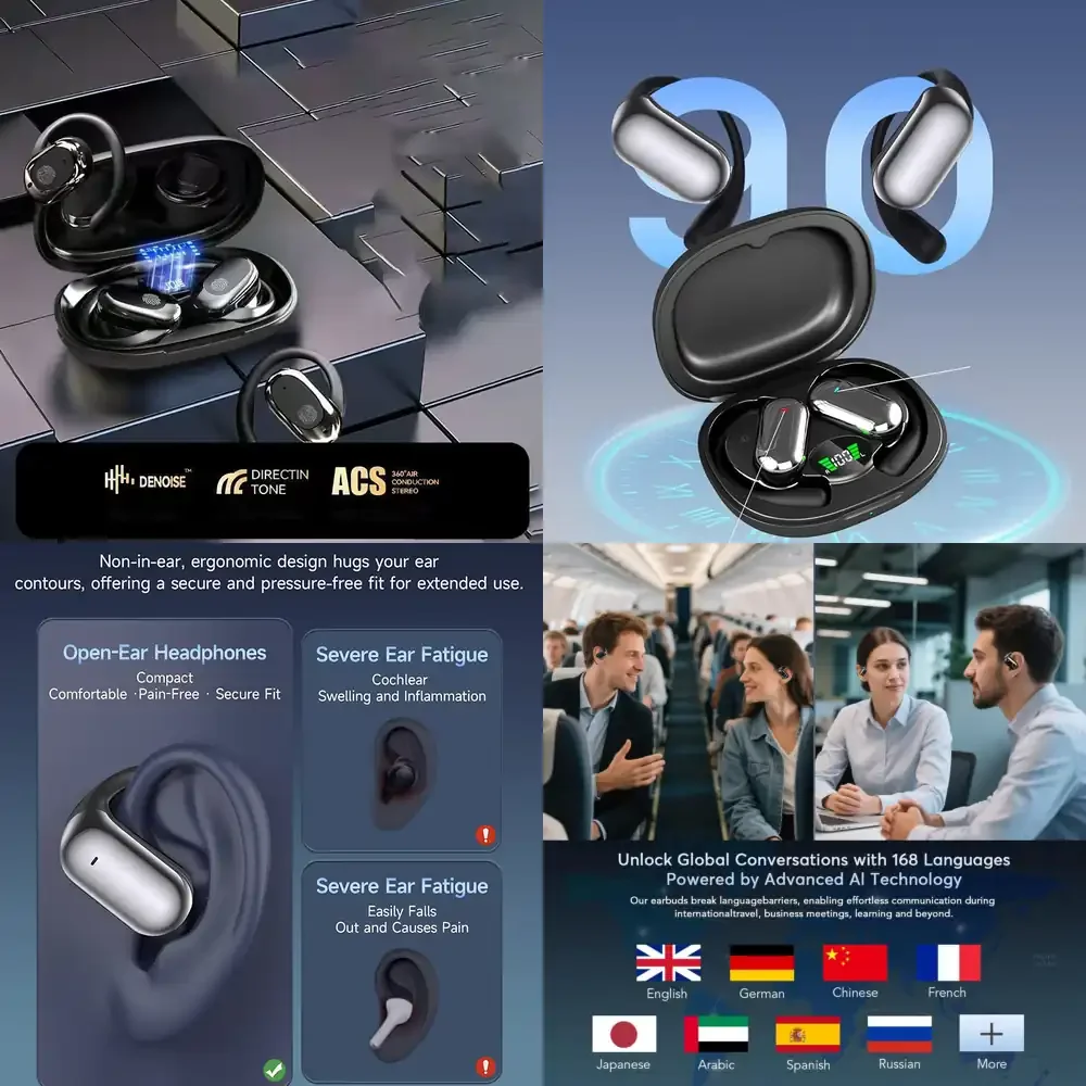 Audífonos UYUXIO 3 en 1 OWS con Traducción de Idiomas por IA, 144 Idiomas y Acentos, Auriculares Traductores en Tiempo Real