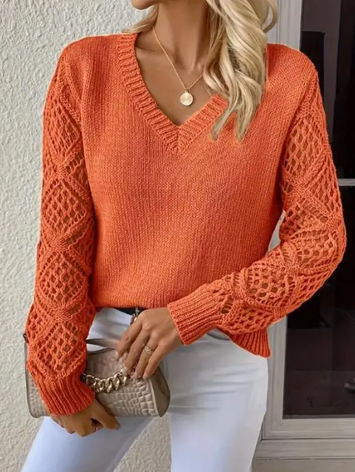 

2025 Spring and Autumn New Knitted Shirt Women's temperament V-neck hollowed out long sleeved solid color casual top