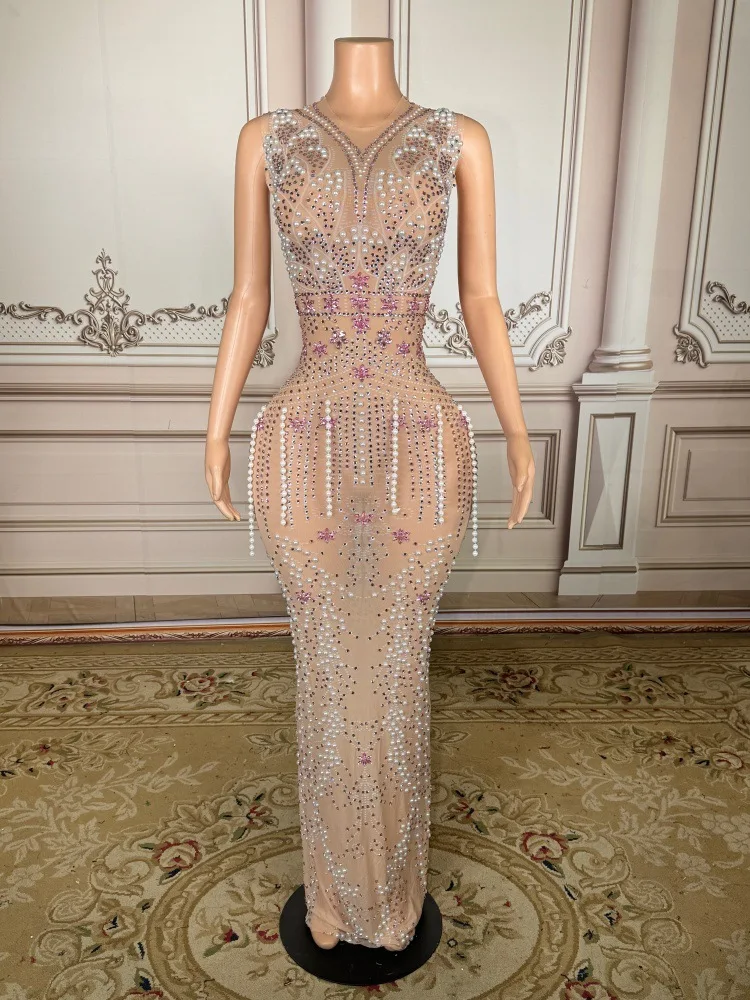 

Ropa De Mujer Silver Rhinestone Tassel Long Chic Evening Dress for Women Sleeveless Elegant Party Dresses
