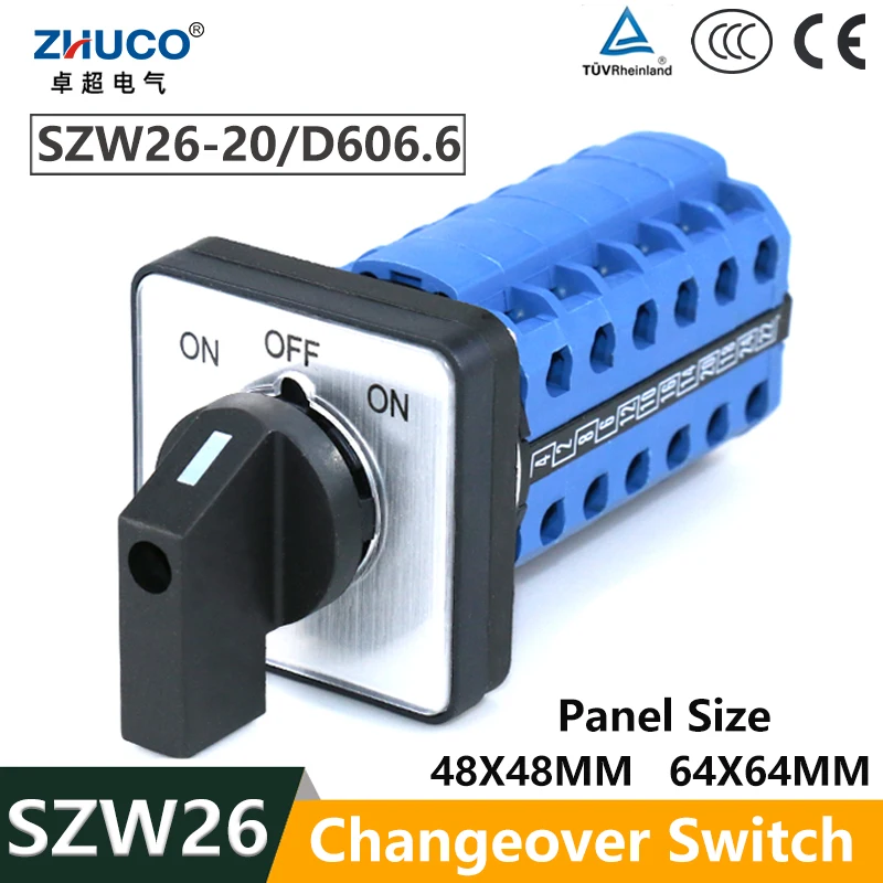 

ZHUCO SZW26/LW26-20 6NO6NC ВКЛ. ВЫКЛ. ВКЛ. ВКЛ. 48x48/64x64 мм. Размер панели. Ручка 20 А. Схема управления. Кулачковый переключатель. Контроллер.