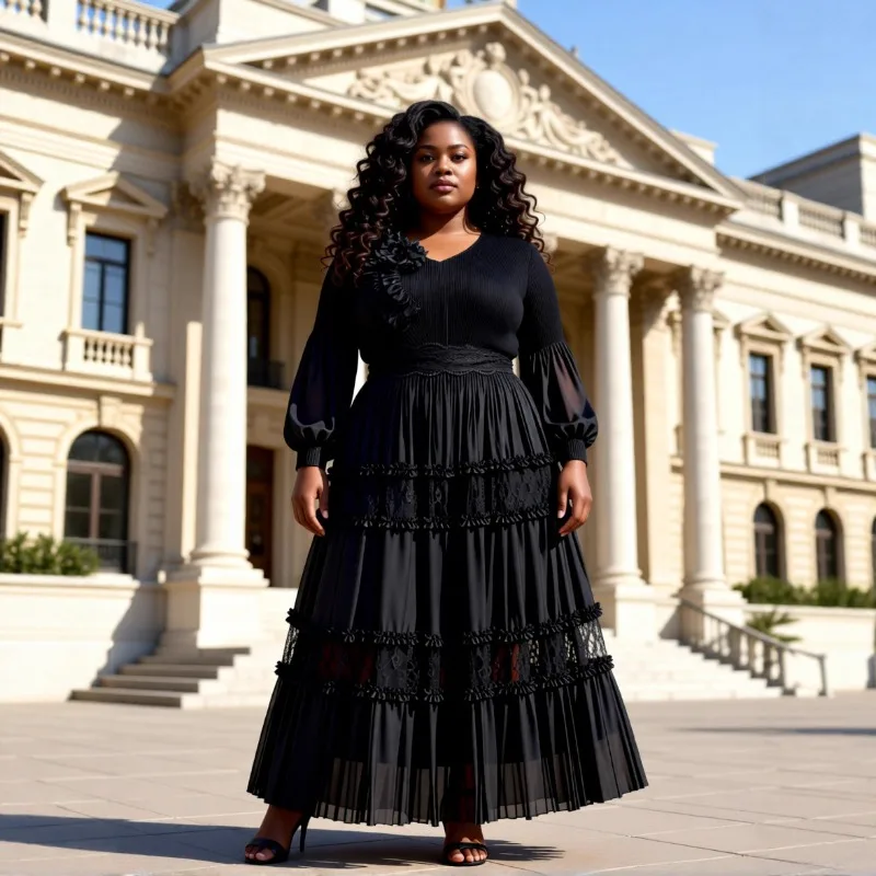 アフリカンプラスサイズ女性用ドレス ミヤケプリーツファッション 気質のある花柄 ルーズロングスリーブ ストレッチウエスト プリーツロングドレス