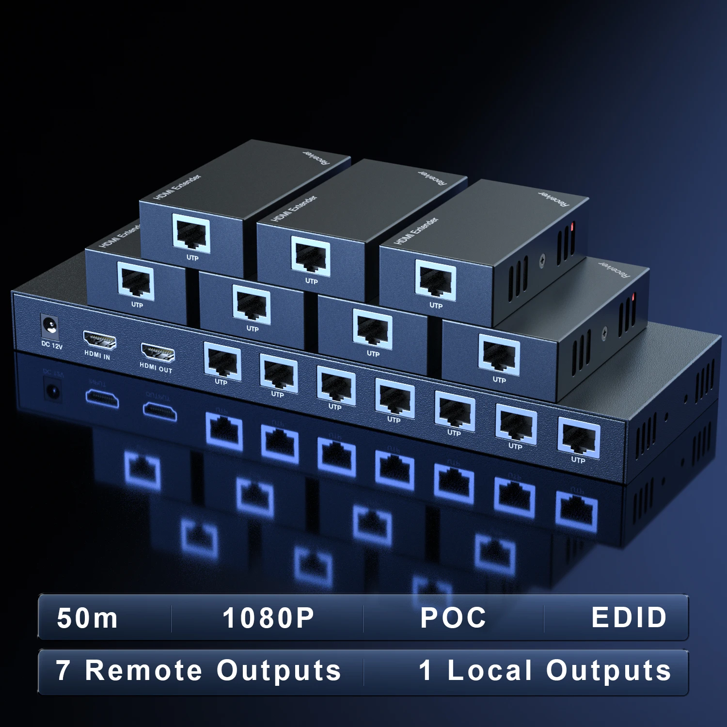 1x7 HDMI Extender Splitter 50M/1080P@60Hz Over Cat 5E/6/7 Ethernet Cable EDID Copy POC Function (1 in 7 Out)