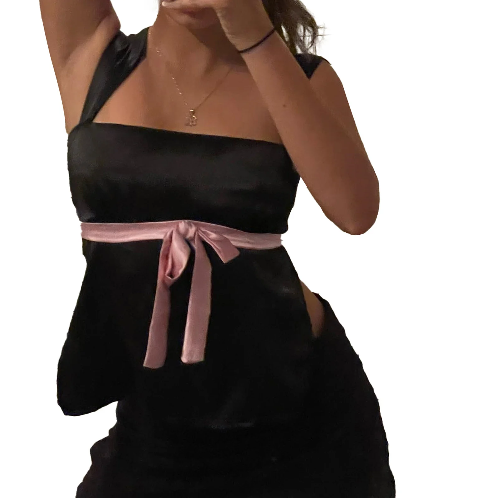 قمصان نسائية بدون أكمام حلوة، أشرطة كتف واسعة ورباط الخصر، ملابس صيفية منخفضة القطع