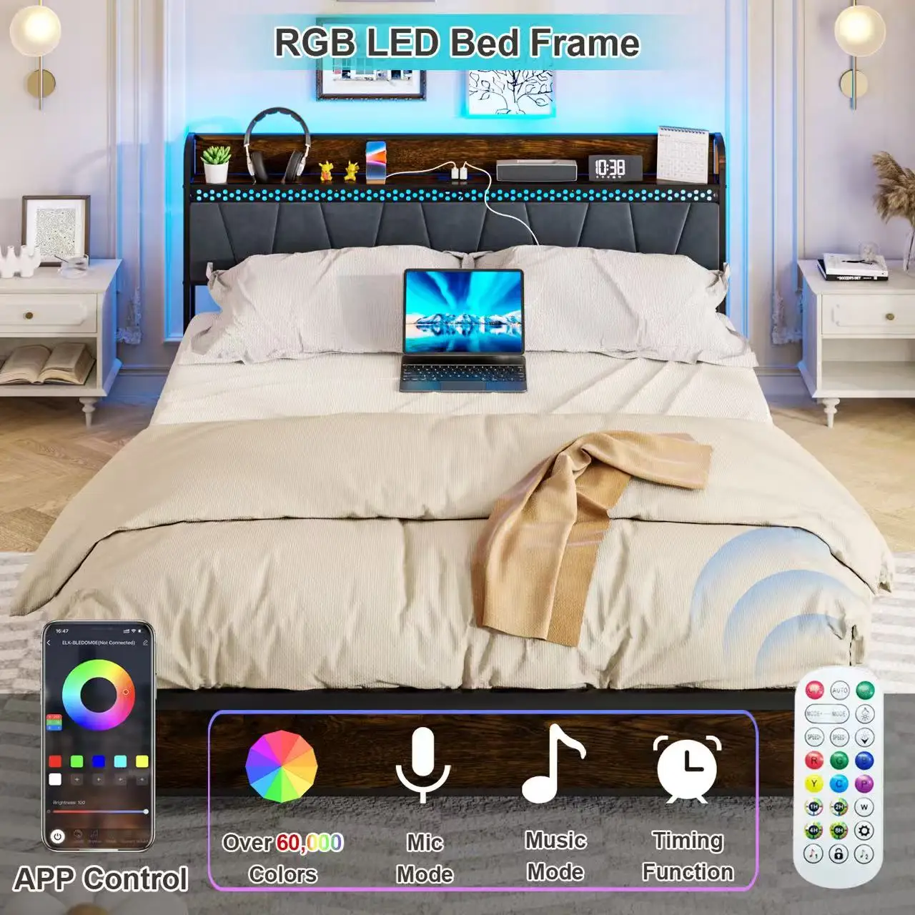 ！@Intelligent Smart Bed Frame Solid Wood Eco-Friendly App Control Adjustable Height Four Storage Drawers USB Charging for Sale
