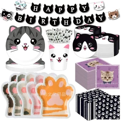 Cat Birthday Party Plates Napkins Cups Supplies Tableware Set Disposable Paper Cat Theme Decorations for Kids Birthday Party