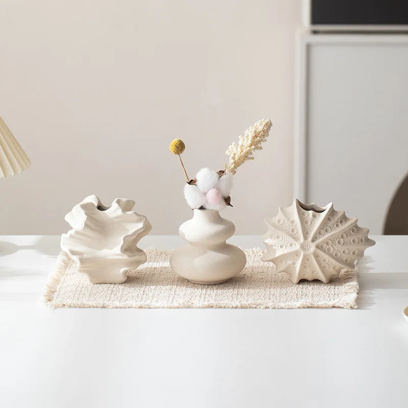 Ceramic Vase 3-Piece Set Geometric Wave Pattern Petal Shaped Ceramic Crafts Flower Arrangement Accessories Vase Home Decoration