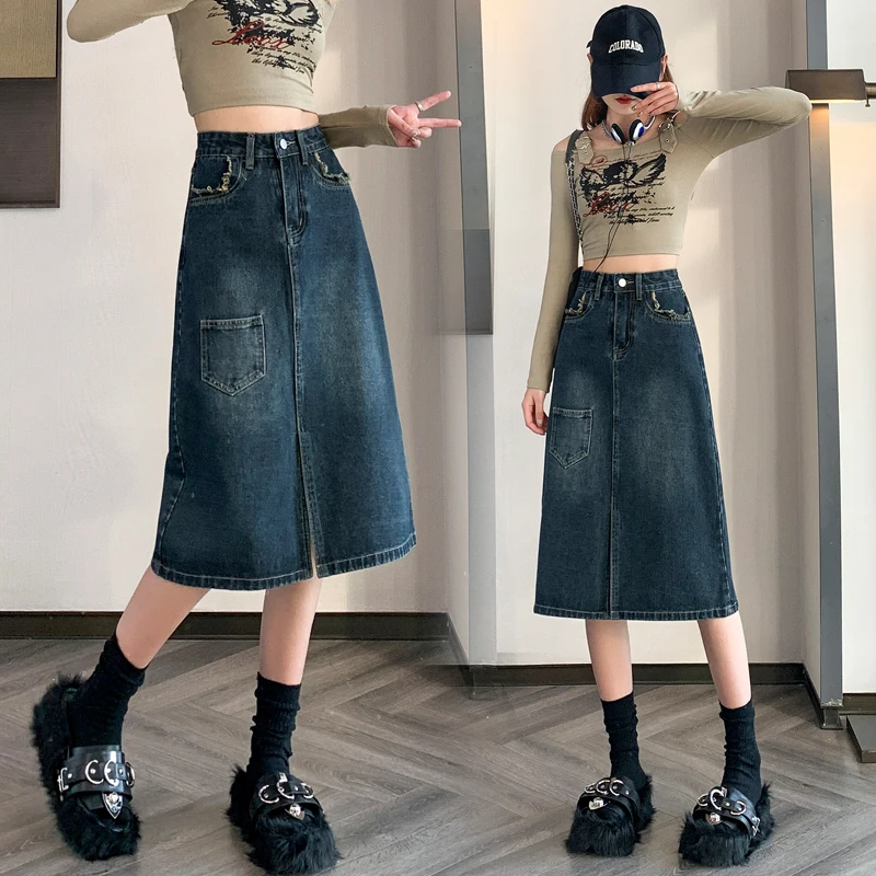 

New Korean Fashion Sexy Splicing Fold Woman Skirts Women Clothes Girls Medium-long Jean Skirt Casual Female Denim Skirt BVAT6510