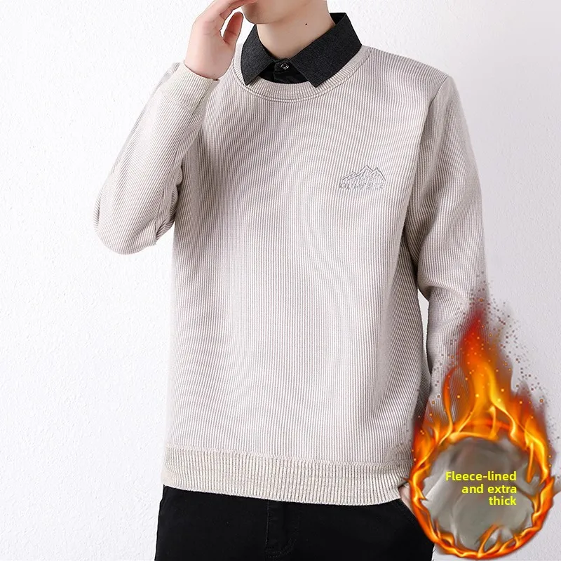 

Мужской вязаный свитер с имитацией двухслойности и воротником-рубашкой, утепленный, повседневный, премиум-класса, молодежный, базовый трикотаж