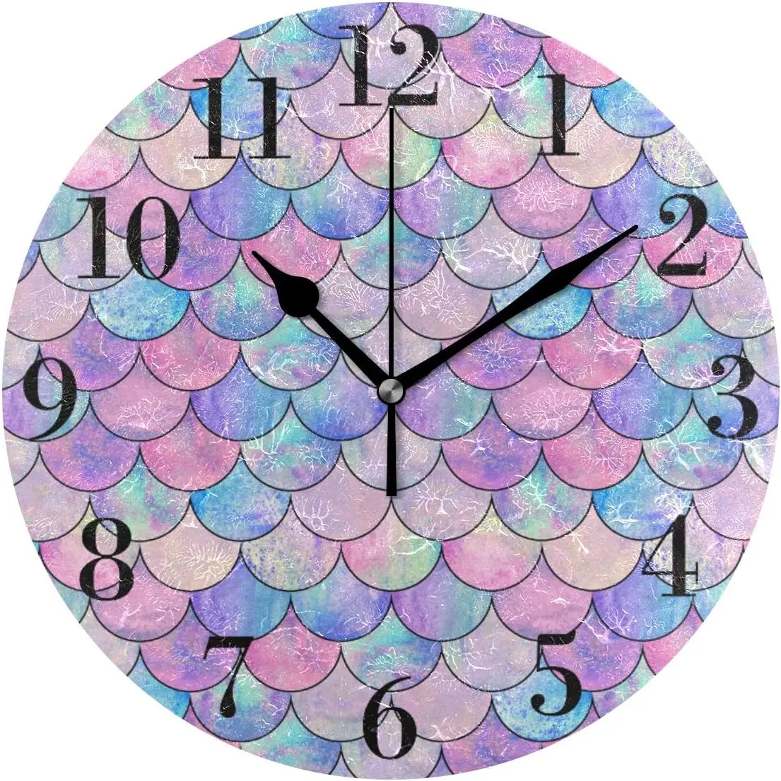 Mermaid Fish Scale Wall Clock 9.8 Inch Silent Round Wall Clock Battery Operated Non Ticking Creative Decorative Clock for