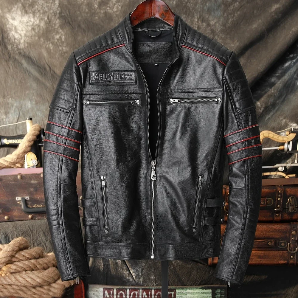 Top Layer Cowhide Jacket Male Genuine Leather Jackets For Men Motorcycle Clothing Men Coat Slim Fit Men's Real Leather Jacket