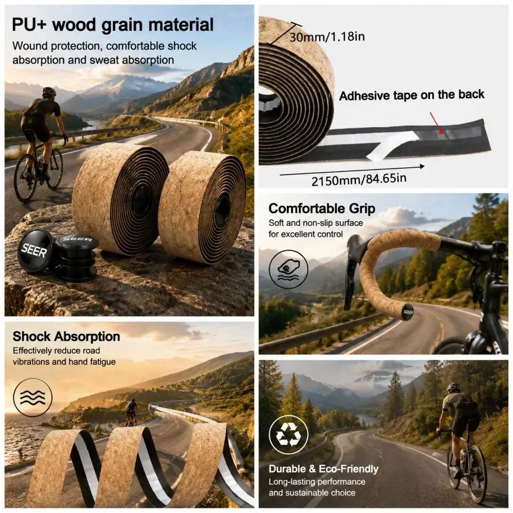 SEER Fahrradlenkerband aus Kork, EVA-Rennrad-Lenkerband, extra dick, weich und rutschfest, bequem, Fahrradgriffband für Lenker – Detail 7