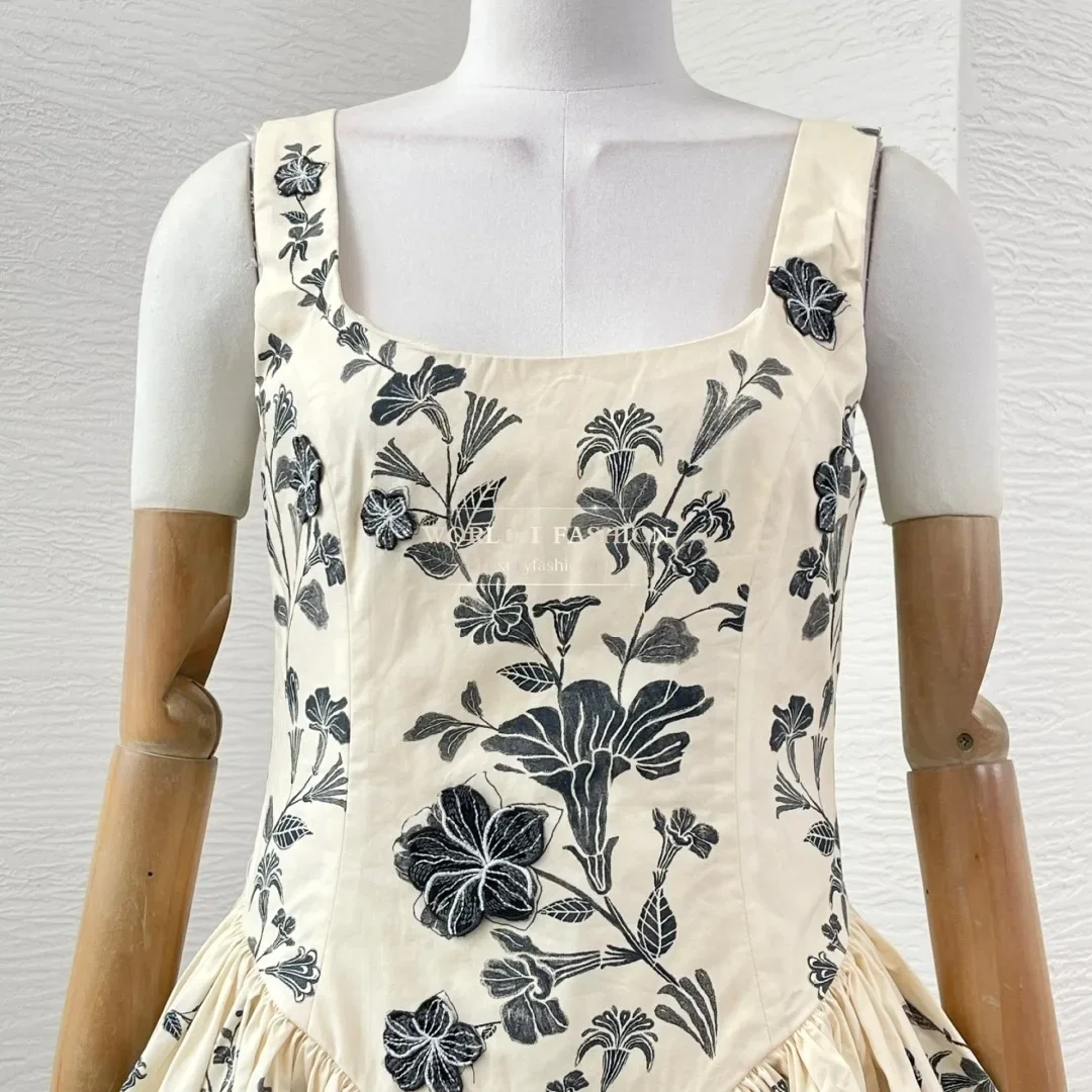 

High Quality White Embroidery Floral Print Sleeveless Sling Mini Dress 2025 Summer Cotton
